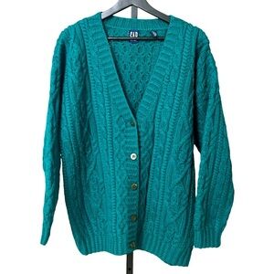 VTG Gap Wool Cable Knit Cardigan Emerald Green Small Hand Knit Cozy Grandpa